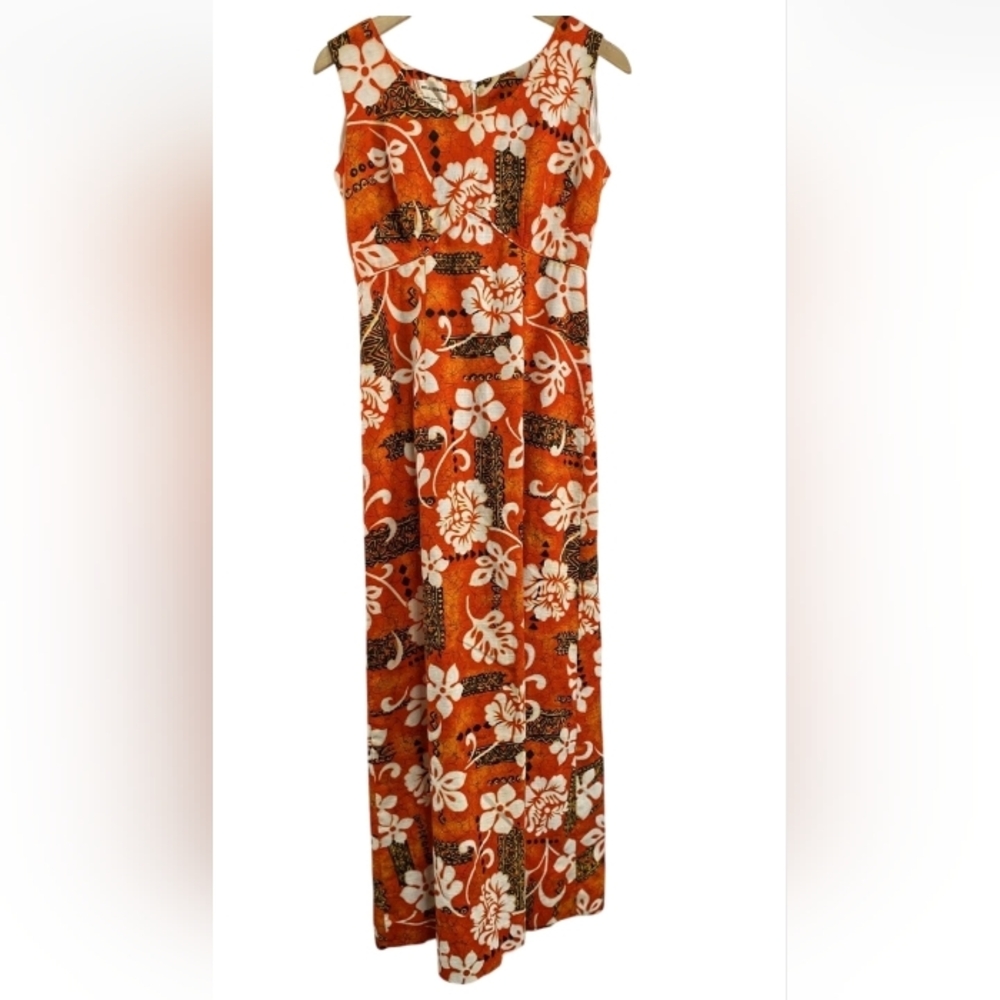 Vintage Royal Hawaiian Rust White Floral Sleeveless Maxi Dress Size 12 L